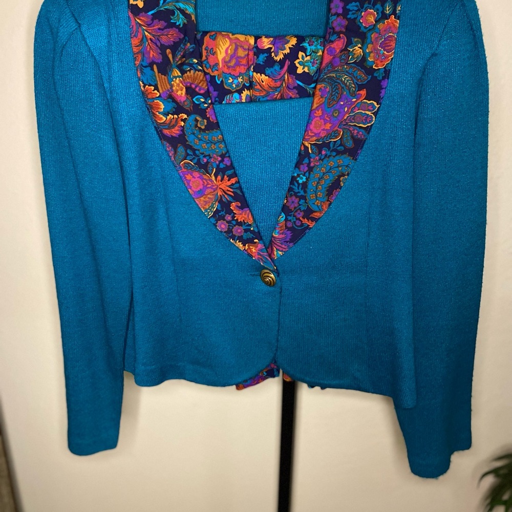 Southern Lady Blue Cardigan with Floral Collar